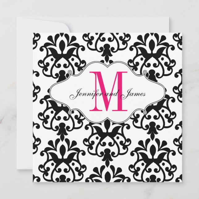 Reserva La Fecha Guardar la fecha moderna Damask Hot Pink Boda (Anverso)