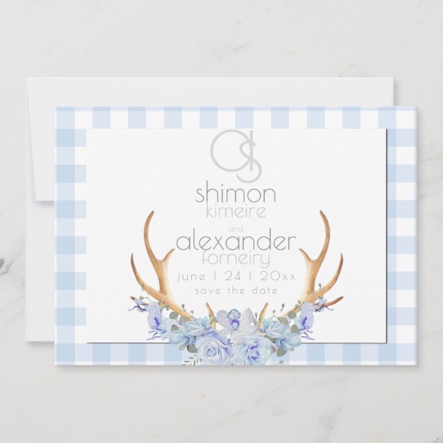 Reserva La Fecha Guardar la Fecha | Monograma Azul Gingham Floral B (Anverso)