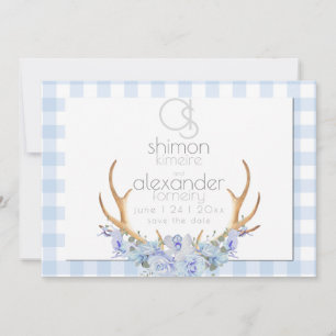 Reserva La Fecha Guardar la Fecha   Monograma Azul Gingham Floral B