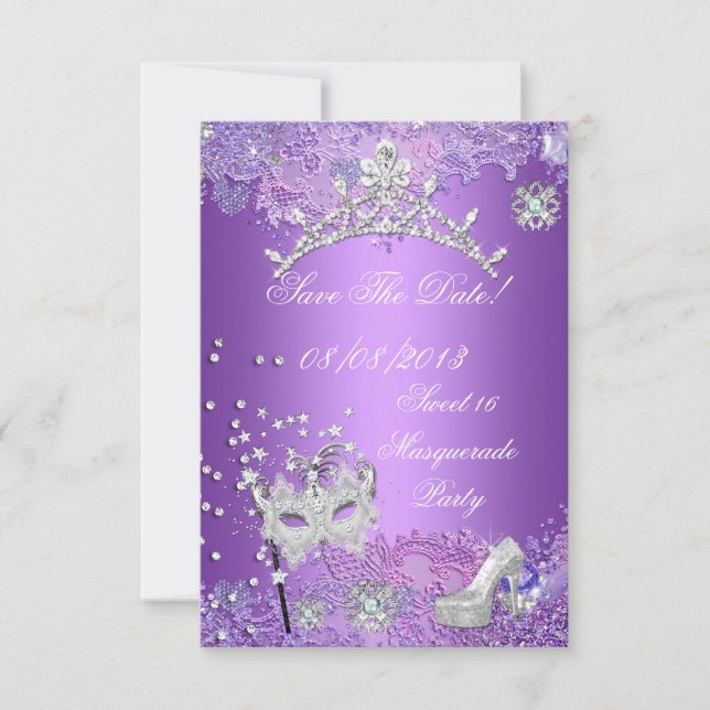 Reserva La Fecha Guardar La Fecha Morado Dulce Dieciséis Mascarada  (Anverso)