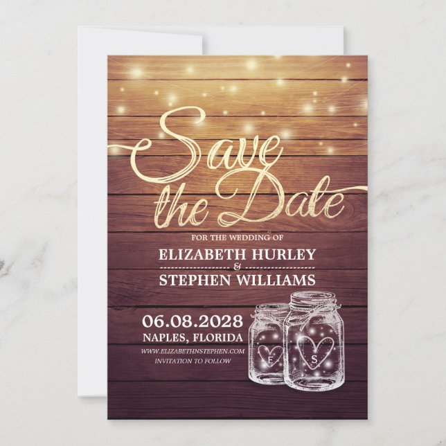 Reserva La Fecha Guardar La Fecha Rustic Wood Mason Jar String Ligh (Anverso)