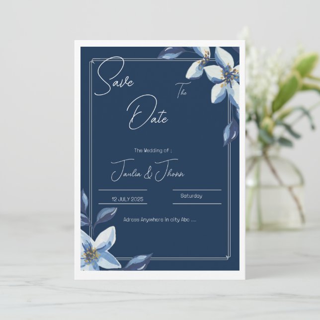 Reserva La Fecha Guarde el Victorian Blue Floral Dusty Blue Wedding (Anverso de pie)