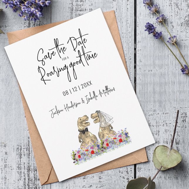 Reserva La Fecha Guarde la fecha para una divertida boda de dinosau (Save the date for a roaring good time dinosaur wedding invitation Watercolor wildflower floral)
