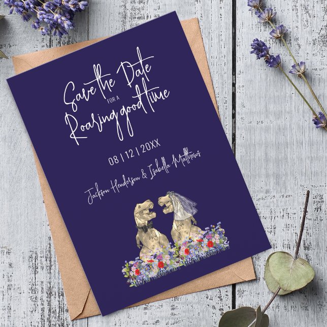 Reserva La Fecha Guarde la fecha para una excelente boda de dinosau (Save the date for a roaring good time dinosaur wedding navy blue wildflower floral invitation)