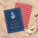 Reserva La Fecha Guión azul y rojo de anclaje Guardar la fecha<br><div class="desc">Elegante Nautical Save the Date con un ancla y las palabras "guardar la fecha" en un elegante guión rojo contra un fondo azul con un borde blanco. La tarjeta tiene un patrón de rayas blancas contra un fondo rojo en la parte posterior. Consulte otros elementos del boda aquí https://www.zazzle.com/rosewoodandcitrus/gifts?cg=196540141241316965&rf=238364477188679314 Personalízalo...</div>