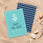 Reserva La Fecha Guión azul y turquesa de anclaje Guardar la fecha<br><div class="desc">Elegante Nautical Save the Date con un ancla y las palabras "guardar la fecha" en un elegante guión azul contra un fondo turquesa con un borde blanco. La tarjeta tiene un patrón de rayas blancas contra un fondo azul en la parte posterior. Consulte otros elementos del boda aquí https://www.zazzle.com/rosewoodandcitrus/gifts?cg=196540141241316965&rf=238364477188679314 Personalízalo...</div>