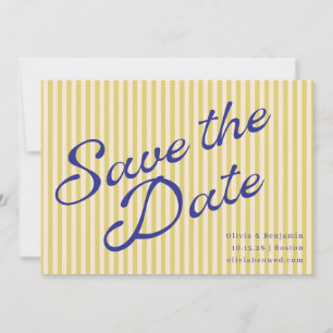 Reserva La Fecha Guión de boda de franja retro azul amarillo coster