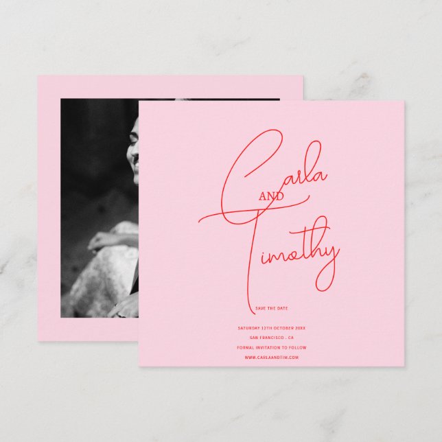 Reserva La Fecha Guión de caligrafía moderna rojo rosa foto guardar (Anverso / Reverso)