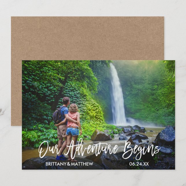 Reserva La Fecha Guión de pincel moderno Kraft Comienza nuestra ave (Anverso / Reverso)