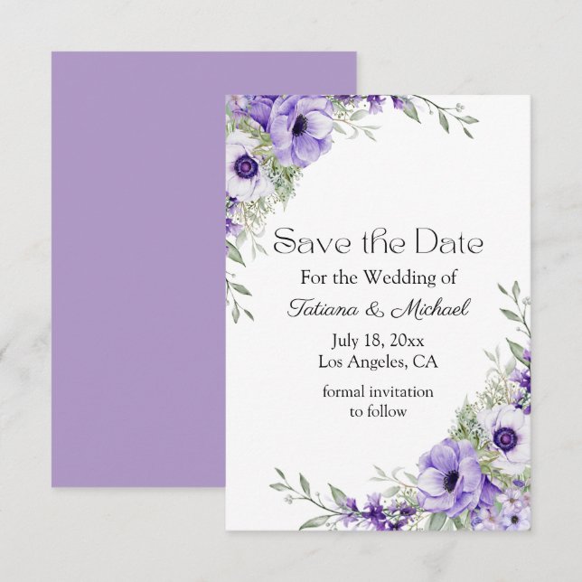 Reserva La Fecha guión elegante acuarela morado floral botánico (Anverso / Reverso)