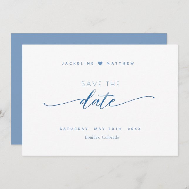 Reserva La Fecha Guión elegante, azul turbio, Boda simple (Anverso / Reverso)