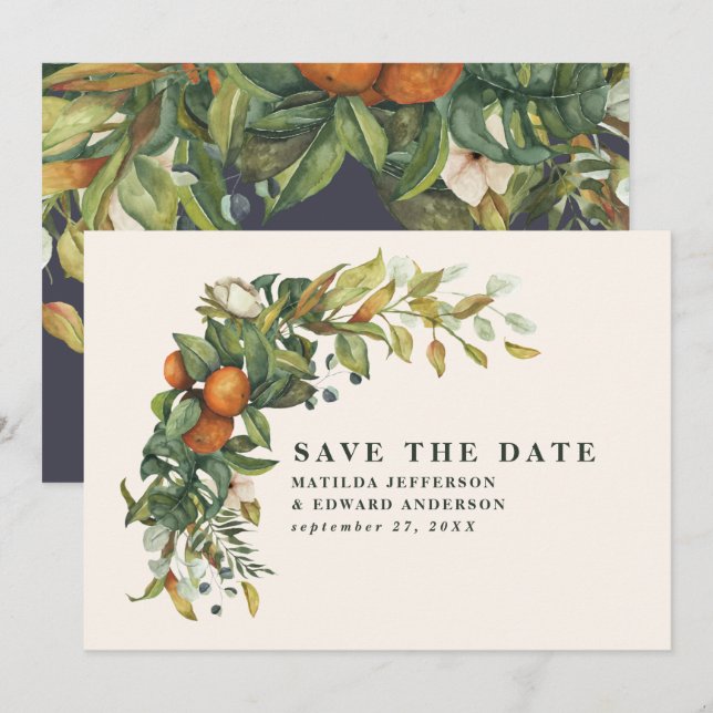 Reserva La Fecha Guión elegante cítrico botánico moderno (Anverso / Reverso)