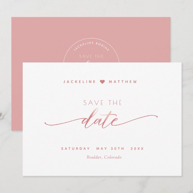 Reserva La Fecha Guión elegante, rosa Rubor, Boda simple (Anverso / Reverso)