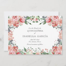 Reserva La Fecha Guión floral rosa elegante Quinceañera
