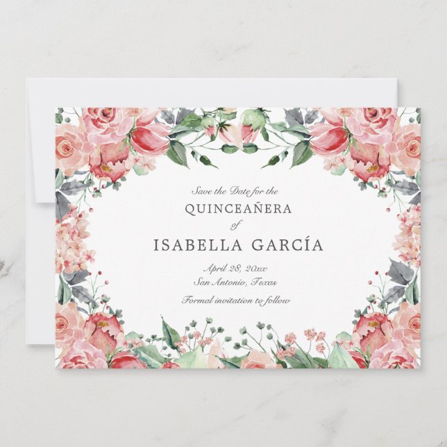 Reserva La Fecha Guión floral rosa elegante Quinceañera (Anverso)