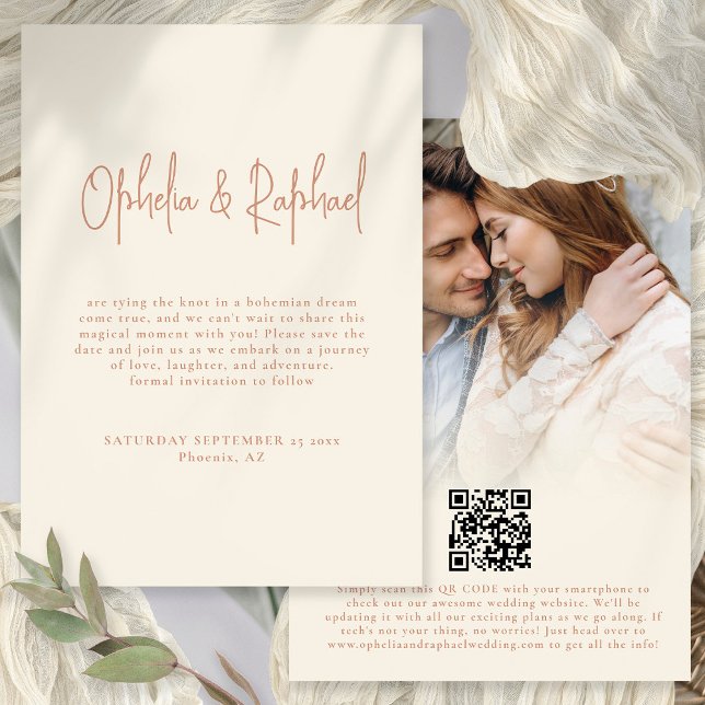 Reserva La Fecha Guión fotográfico de Boho QR Boda Terracotta Cream (Front and back view. Available digitally and printed)