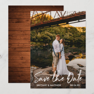 Reserva La Fecha Guión manuscrito Foto de la pareja de madera rústi