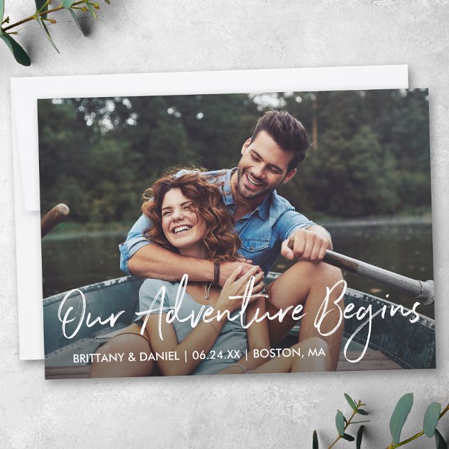 Reserva La Fecha Guión manuscrito Nuestra aventura comienza foto (Customize to change your personalized text size, style or to add more text & photos to back of card.)