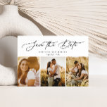 Reserva La Fecha Guión moderno de estilo 3-Photo Multi<br><div class="desc">Este elegante juego de fechas incluye 3 fotos con un elegante guión moderno de caligrafía. Añadir detalles adicionales a la parte posterior.</div>
