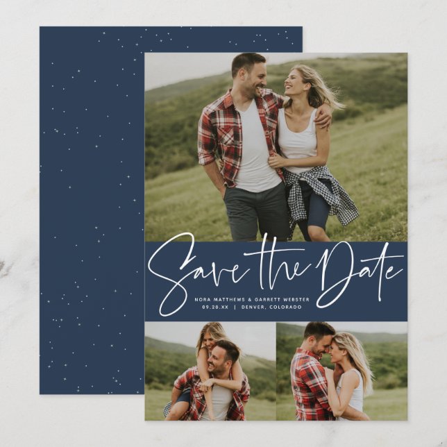 Reserva La Fecha Guión moderno de moda tres marea fotográfica (Anverso / Reverso)