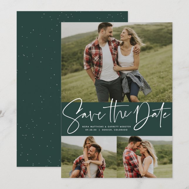 Reserva La Fecha Guión moderno trendy tres foto verde (Anverso / Reverso)