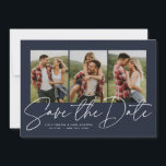Reserva La Fecha Guión moderno y elegante tres foto azul marino<br><div class="desc">Con tres fotos verticales y un guión moderno escrito "guarda la fecha", esta tarjeta es la manera perfecta de anunciar tu compromiso y tu próximo boda a amigos y familiares. El texto blanco de la moda es audaz y moderno, pero sigue siendo sofisticado. El texto del personalizable en la parte...</div>