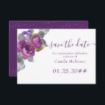 Reserva La Fecha Guión morado Floral Quinceanera Guardar la fecha<br><div class="desc">Hermoso Purple Save the Date, que puedes personalizar para cualquier ocasión, con ramos de rosas acuarelas y flores. El diseño presenta elegantes letras a mano y arreglos florales de bonito púrpura y magenta con hojas verdes grises y follaje. Guardar la fecha está escrito en escritura femenina manuscrita. Por favor, navegue...</div>
