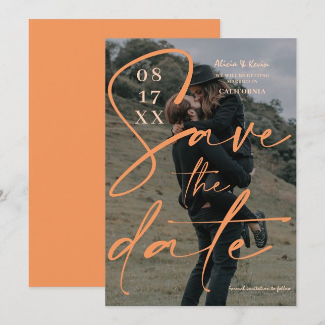 Reserva La Fecha Guión naranja en negrita moderno guardar la foto d (Anverso / Reverso)