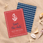 Reserva La Fecha Guión rojo y azul de anclaje Guardar la fecha<br><div class="desc">Elegante Nautical Save the Date con un ancla y las palabras "guardar la fecha" en un elegante guión azul contra un fondo rojo con un borde blanco. La tarjeta tiene un patrón de rayas blancas contra un fondo azul en la parte posterior. Consulte otros elementos del boda aquí https://www.zazzle.com/rosewoodandcitrus/gifts?cg=196540141241316965&rf=238364477188679314 Personalízalo...</div>
