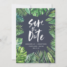 Reserva La Fecha Guión tropical de hojas de palma acuarela marina