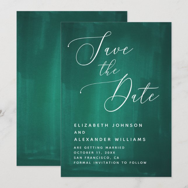 Reserva La Fecha Guión verde oscuro y elegante. Caligrafía esmerald (Anverso / Reverso)