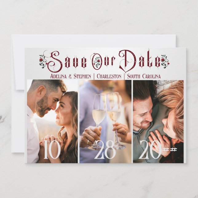 Reserva La Fecha Halloween Rosas de guión gótico Tres Bodas de foto (Anverso)