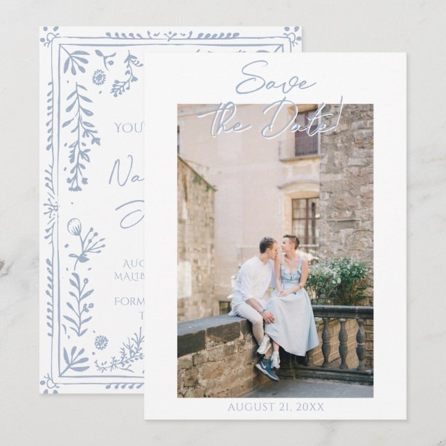 Reserva La Fecha Hand Drawn Azure Blue Floral Garden Photo Wedding (Anverso / Reverso)