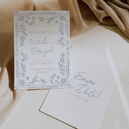 Reserva La Fecha Hand Drawn Azure Blue Floral Garden Whimsy Wedding