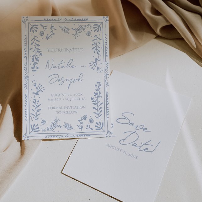 Reserva La Fecha Hand Drawn Azure Blue Floral Garden Whimsy Wedding (Subido por el creador)
