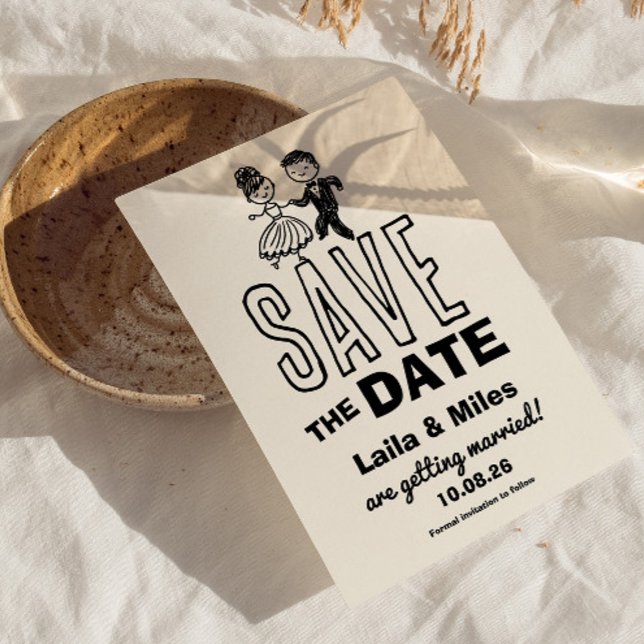 Reserva La Fecha Hand drawn Bride and Groom Wedding Save The Date (whimsical bride and groom dancing save the date invitation)