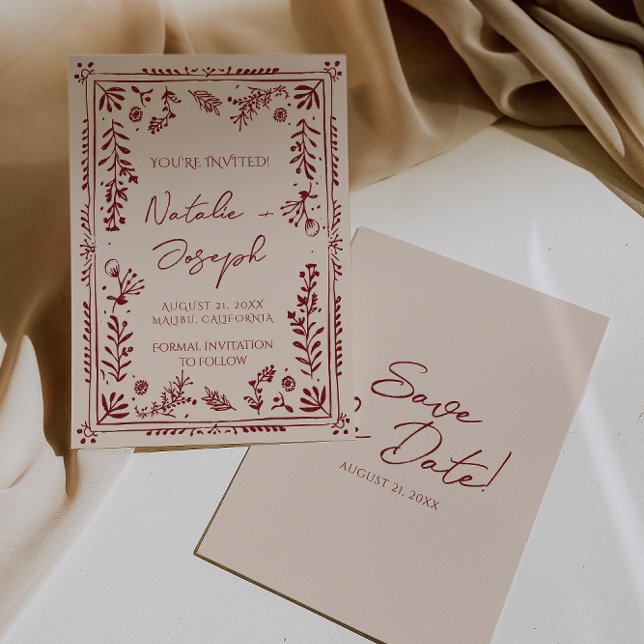 Reserva La Fecha Hand Drawn Burgundy Deep Red Floral Garden Wedding (Subido por el creador)