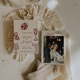 Reserva La Fecha Hand Drawn Burgundy Whimsical Photo Wedding