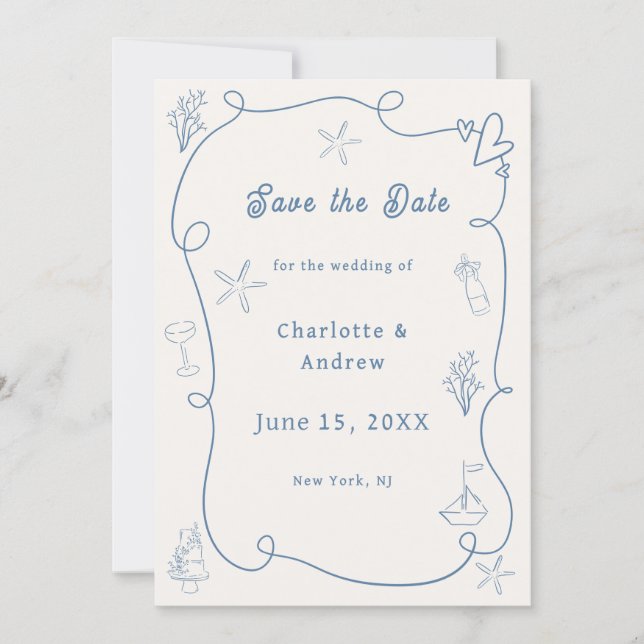 Reserva La Fecha Hand drawn coastal beach dusty blue ivory wedding (Anverso)