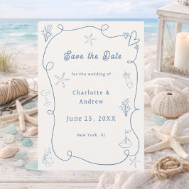 Reserva La Fecha Hand drawn coastal beach dusty blue ivory wedding