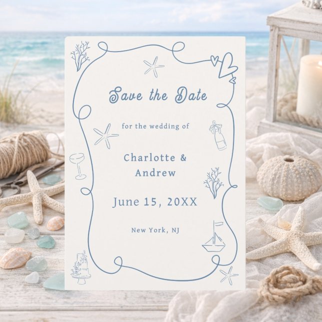 Reserva La Fecha Hand drawn coastal beach dusty blue ivory wedding (Subido por el creador)