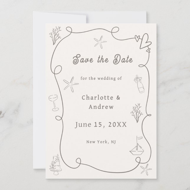 Reserva La Fecha Hand drawn coastal beach ivory taupe sand wedding (Anverso)