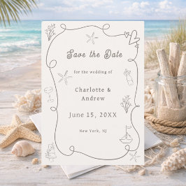 Reserva La Fecha Hand drawn coastal beach ivory taupe sand wedding