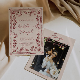 Reserva La Fecha Hand Drawn Deep Red Floral Garden Photo Wedding