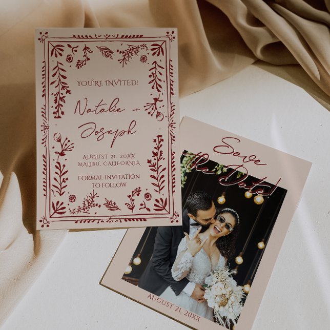 Reserva La Fecha Hand Drawn Deep Red Floral Garden Photo Wedding (Subido por el creador)