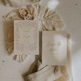 Reserva La Fecha Hand Drawn Green Pink Bow Floral Summer Wedding