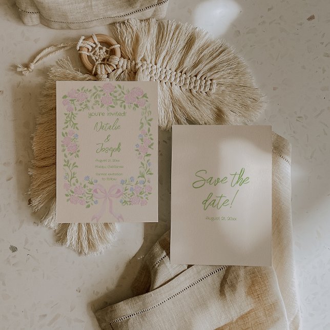 Reserva La Fecha Hand Drawn Green Pink Bow Floral Summer Wedding (Subido por el creador)
