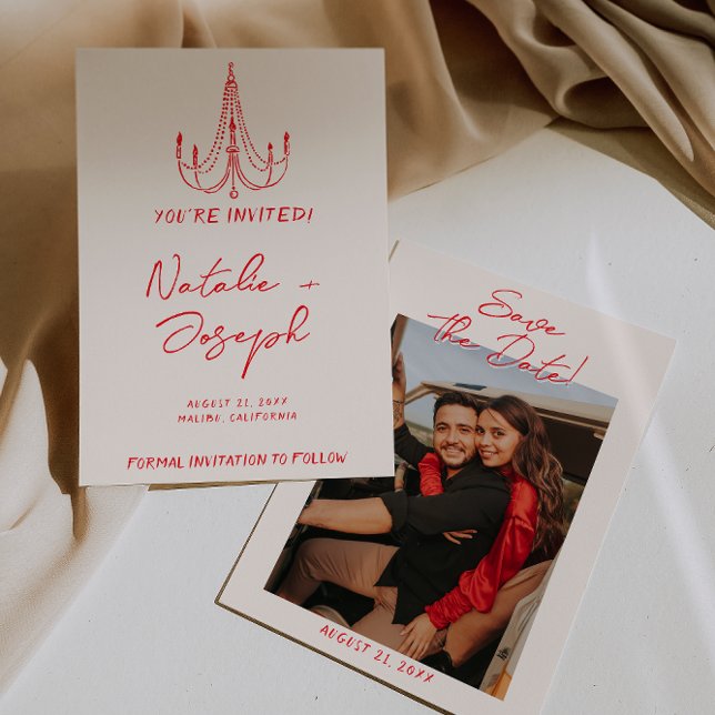 Reserva La Fecha Hand Drawn Red Old Money Retro Photo Wedding (Subido por el creador)