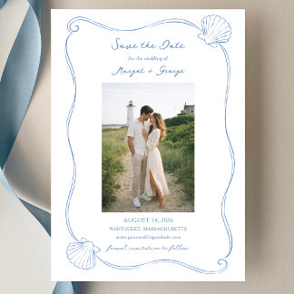 Reserva La Fecha Hand Drawn Seashell Simple Blue Coastal Wedding