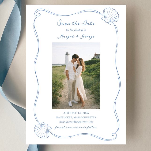 Reserva La Fecha Hand Drawn Seashell Simple Blue Coastal Wedding (Subido por el creador)